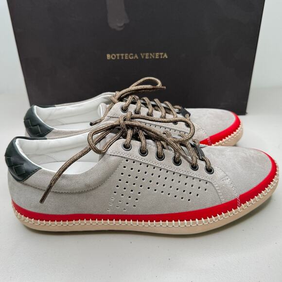 NEW Bottega Veneta Low Top Suede Sneakers Gray/Black/Red Men's Size 39.5